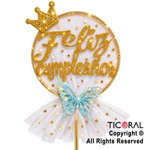 CAKE TOPPER FELIZ CUMPLEA�OS CIRCULO ORO CON TUL BLANCO